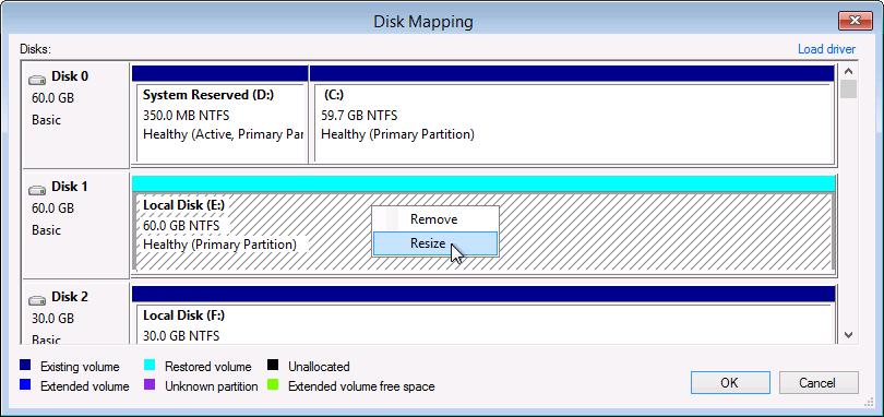 You will be able to use the released space for mapping volumes in your own order. 3. [For restore with volume resize] You can resize a volume mapped by Veeam Endpoint Backup to a target computer disk.