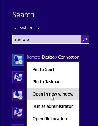 a. Working from PC 1, with the first RDC session to PC 2 still minimized, click Start, type remote, and then right-click on Remote Desktop Connection and select Open in new window. b.