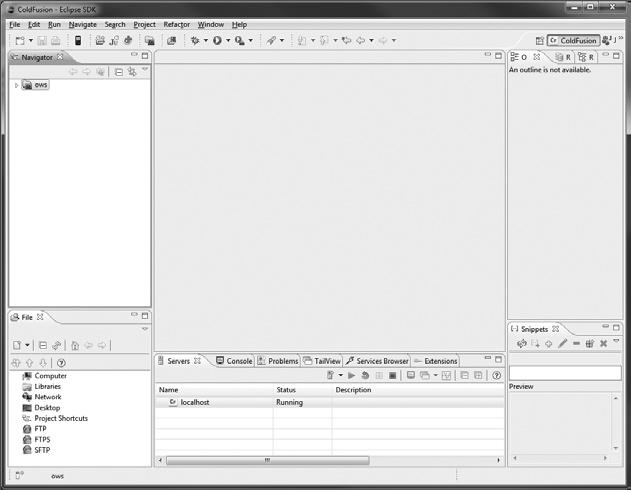 Getting Started with ColdFusion Builder 23 Figure 3.1 The ColdFusion Builder screen features the editor and supporting panels.