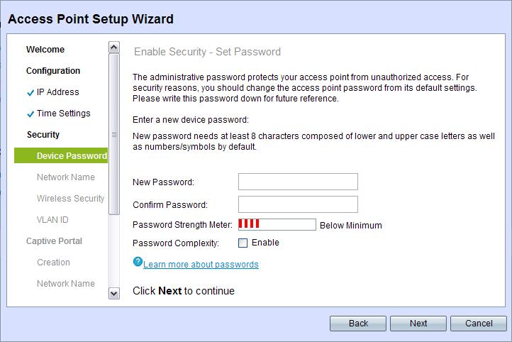 Getting Started Using the Access Point Setup Wizard 1 Access Point Setup Wizard Device Password STEP 8 Enter a New Password and enter it again in the Confirm Password text box.