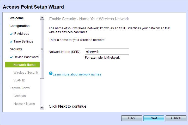 Getting Started Using the Access Point Setup Wizard 1 Access Point Setup Wizard Network Name STEP 10 Enter a Network Name.