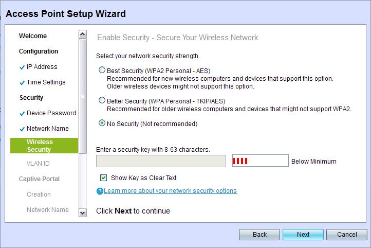 Getting Started Using the Access Point Setup Wizard 1 Access Point Setup Wizard Wireless Security STEP 12 Choose a security encryption type and enter a security key.