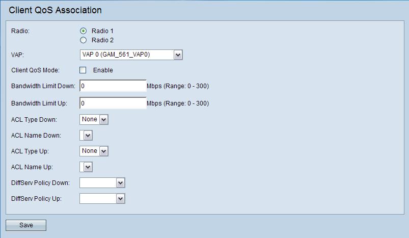 Client Quality of Service Client QoS Association 7 551/561 STEP 2 On WAP561 devices only, select the radio interface on which you want to configure the association (Radio 1 or Radio 2).