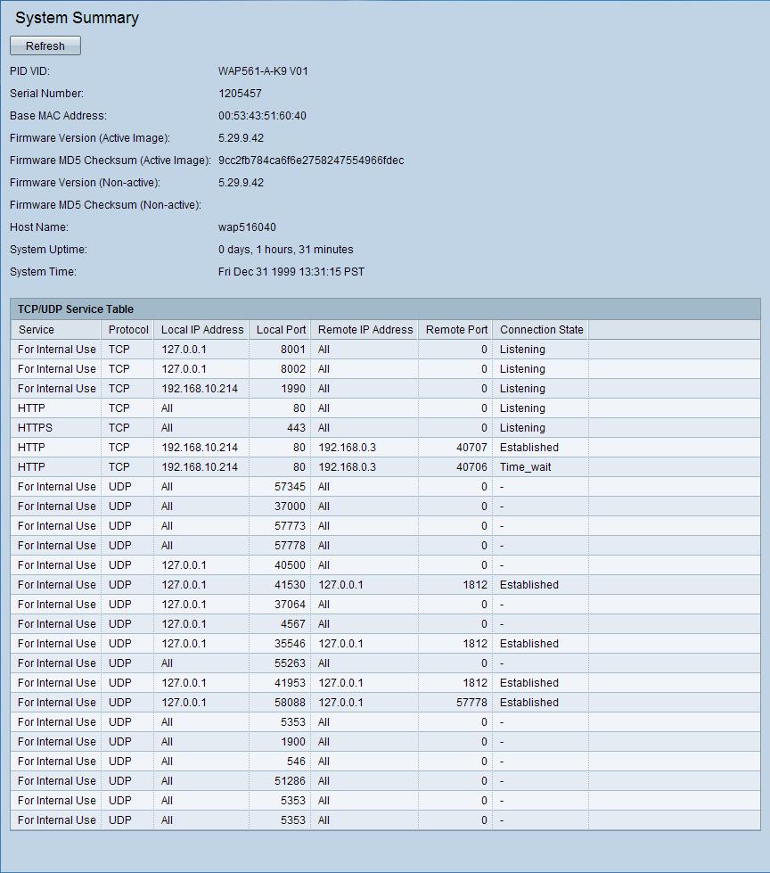 Status and Statistics System Summary 2 551/561 The System Summary page shows this information: PID VID The WAP hardware model and version.