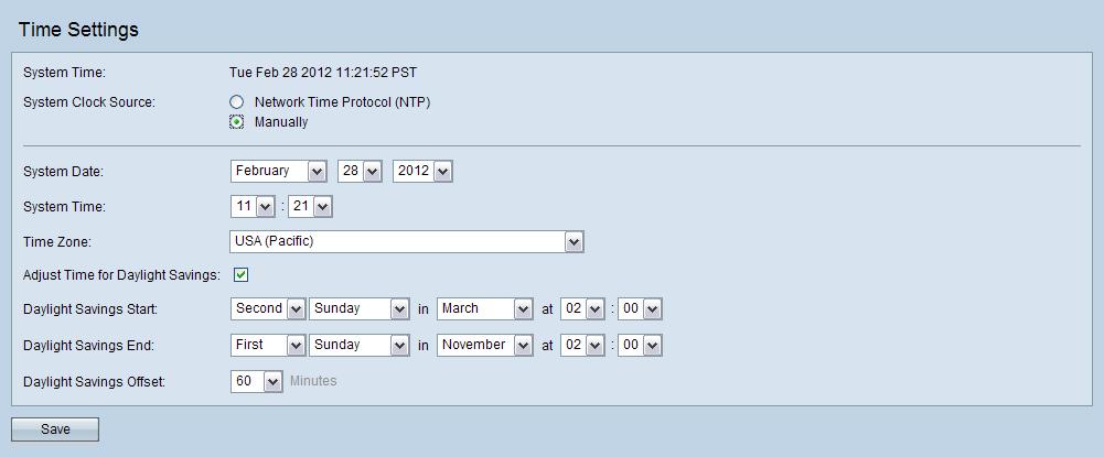 Administration Time Settings 3 Daylight Savings Start Select the week, day, month, and time when daylight savings time starts.