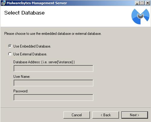 4. Installation Step #5: Choose whether to use the embedded SQL Server Express database or an existing SQL Server database.