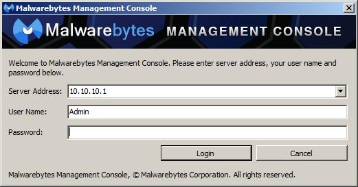 7. If you elected to launch the Management Console, the login window opens. The server address is displayed, along with the default Admin user name.