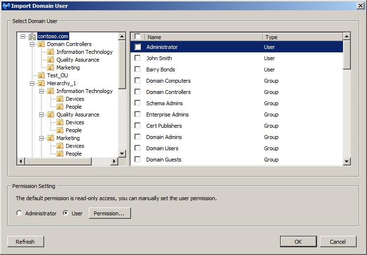While the Add New Administrator window allows you to add a single user in a domain or non-domain based environment, the Import Domain User windows allows you to add one user, multiple users,