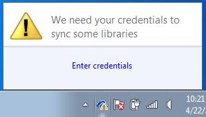 Non-Domain Computer 1. The OneDrive for Business icon will display a yield sign and a warning that it needs your credentials to sync some libraries. 2.