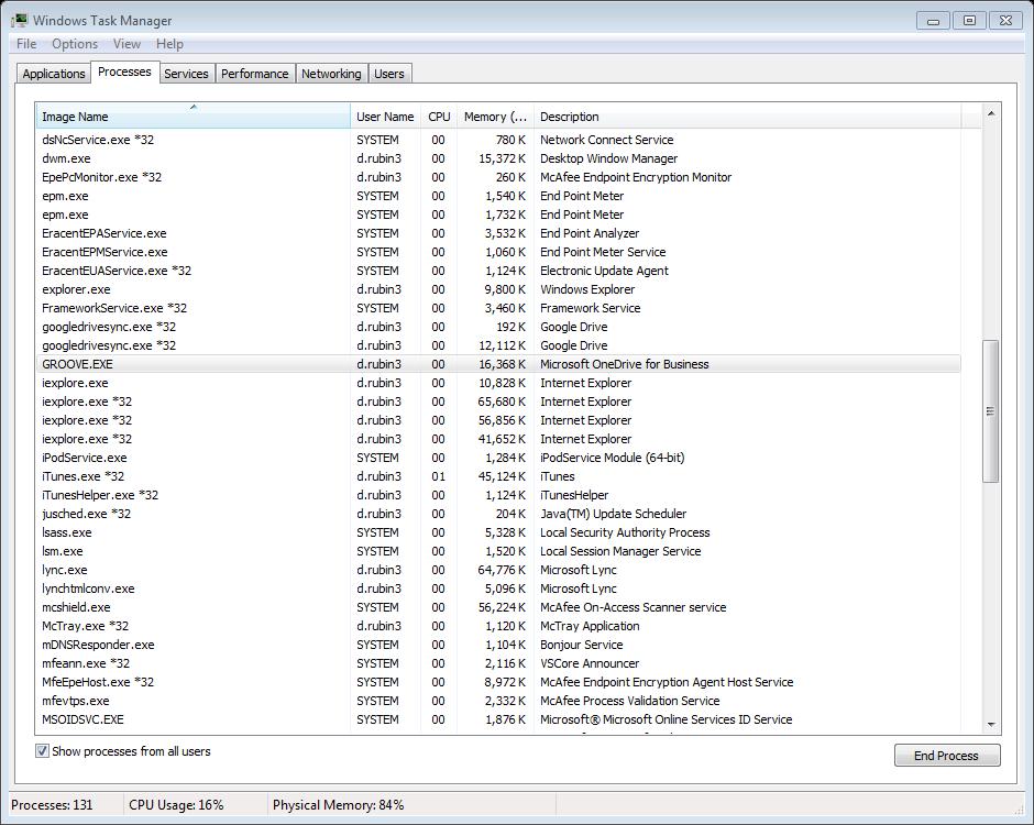 2. In Task manager, click the Processes tab at the top and close all Office processes (i.e. groove.exe, msouc.exe, msoync.