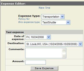 Tolls, taxi/shuttle, bus, and train: These expenses are listed under Transportation and are entered in a similar manner.