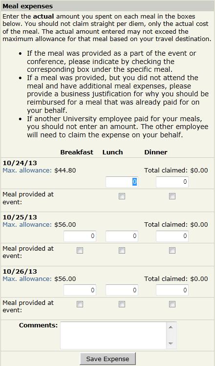 The meal grid displays available meals for this trip. It also lists the daily allowance for the destination city.