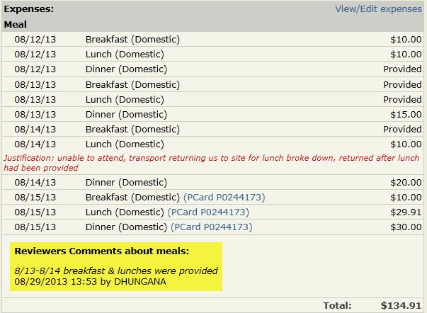 Meals on the TEV summary screen will display similar to the below. If marked as Provided by AP staff, their comments will display.