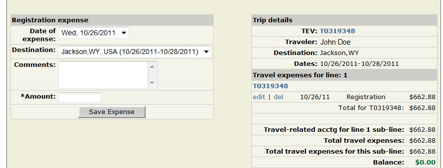 In this example the $1325.76 is being split evenly between 2 travelers, so $662.88 is entered in the Line Amt.