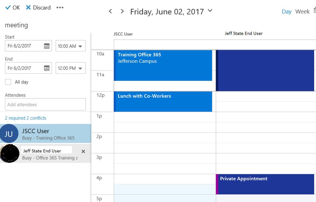 To compare availability, click on Scheduling Assistant again to view side-by-side details. You can change view to Day or Week. You can also select merge or split to view.