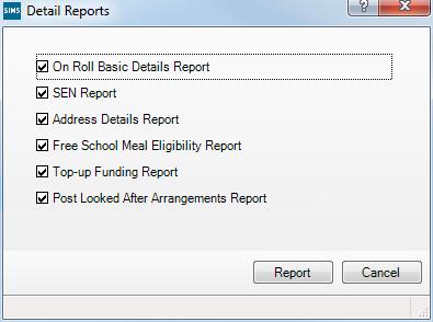 To select several detail reports, select Multiple Reports from the Detail Report drop-down list to display the Detail Reports dialog. By default, all detail reports are selected.