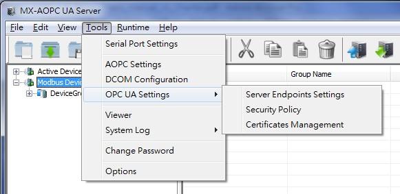 Configuration Console OPC UA Settings Server Endpoints Settings: Server Endpoints Settings are a list of interfaces that UA clients can use to communicate with MX-AOPC UA Server.