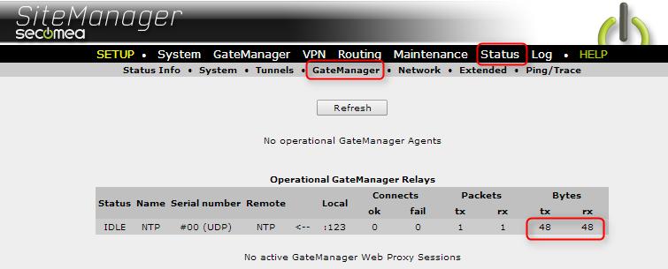 Troubleshooting For troubleshooting you can monitor the Status > GateManager page in the SiteManager GUI and check that there is Tx and Rx data.