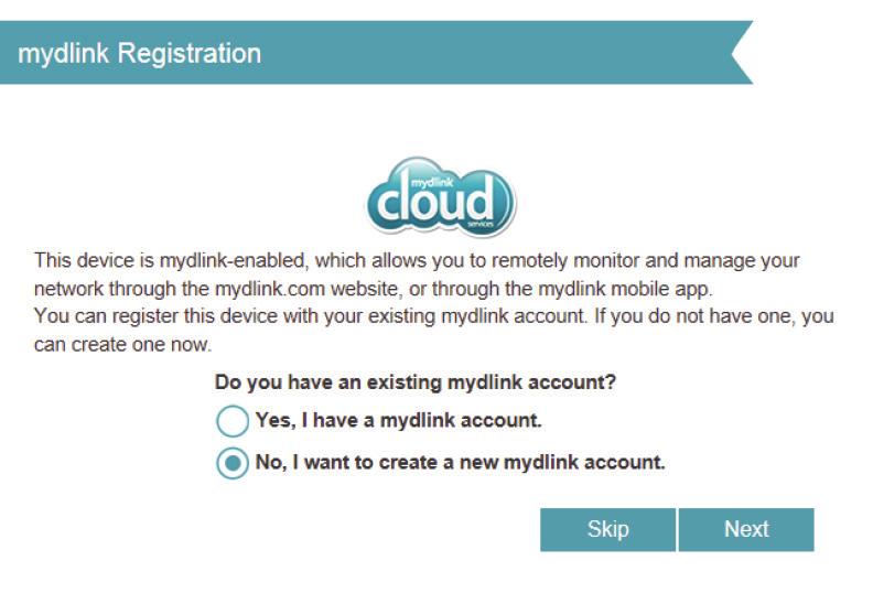 If you clicked Yes, enter your mydlink account name (email address) and password. Click Next to register your mydlink account with the router.