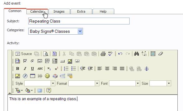 After you are done entering your subject, selecting a category and adding the text for the event, click on the Calendar