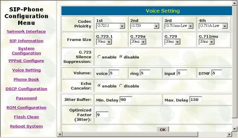 5. Voice Setting Please refer to chapter 4.15 [voice] command - Codec Priority: set codecs priority in order. Please notice that user can set from 1 to 5 codecs as their need.