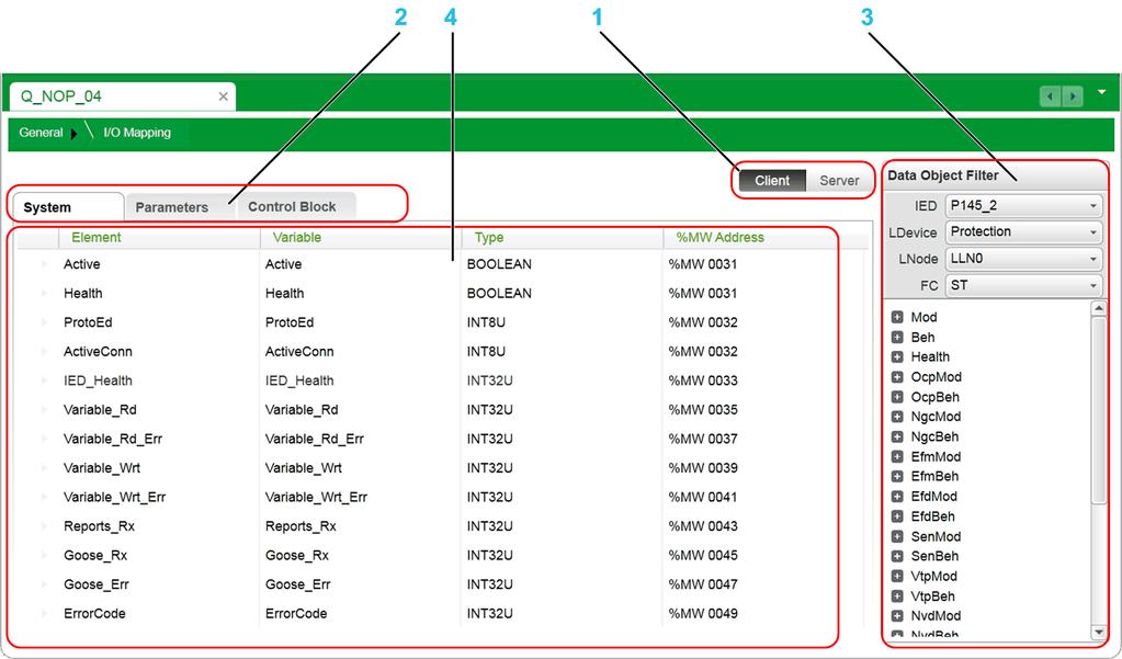 I/O Mapping Viewing System Data Items To view system data items, follow these steps: Step Action 1 In the I/O Mapping window, select either: Server to display data items for the IEC61850 server; or