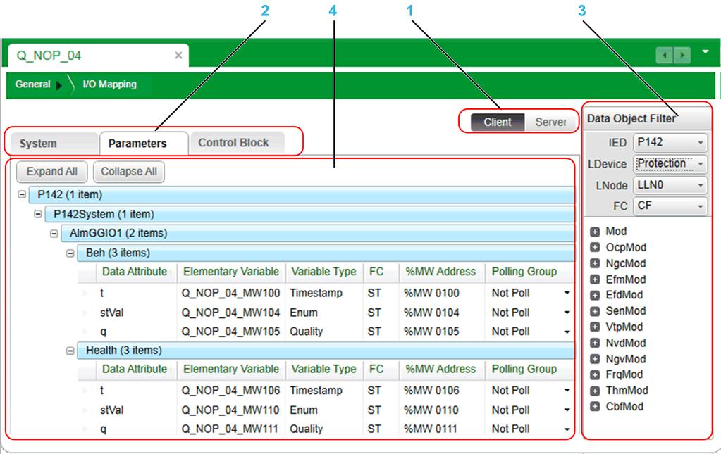 I/O Mapping Adding Parameter Data Items The Parameters tab for the IEC61850 client: 1 Client / Server