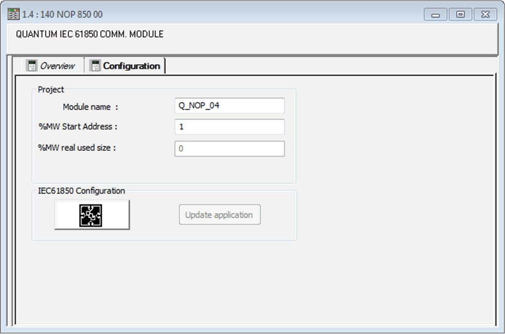 Configuring the 140 NOP 850 00 Module Configuring the Module Name and Starting Memory Location Overview Use the Configuration tab of the 140 NOP 850 00 module properties window to configure the: