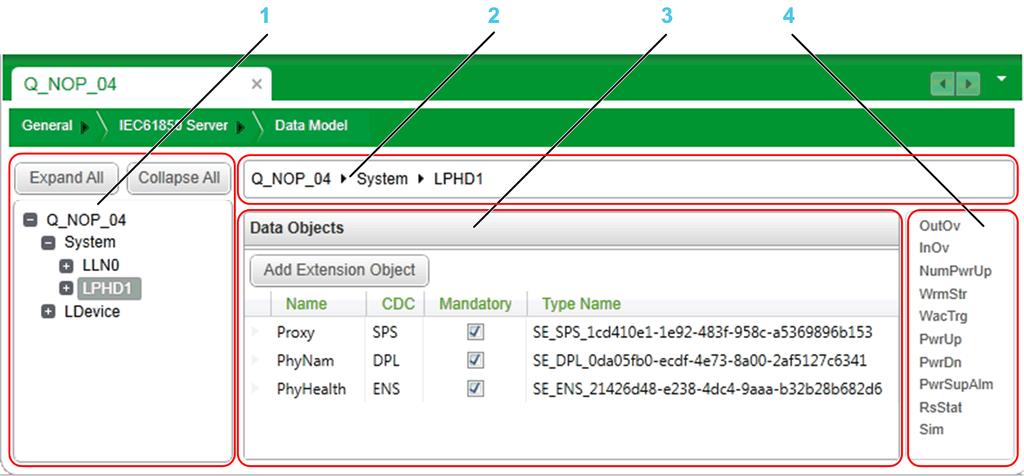 IEC61850 Server Working with Data Objects When a logical node is selected in the data model navigator, the data model editor looks like this: 1 Data model navigator 2 Data path display 3 Data object