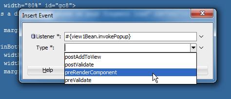 Press Ok to add the event tag to the parent component (the panel group in this example) The view1bean managed bean referenced by the listener is shown below: public
