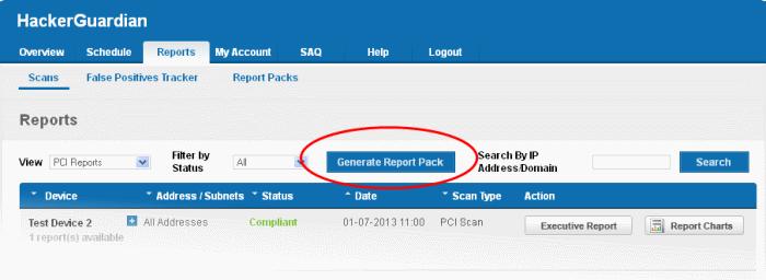 2.8.6. Downloading Reports Pack The Administrators can download all the reports in pdf format as a zip file by clicking the 'Generate Report Pack' button in the Reports > Scans interface.