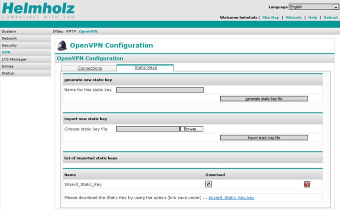When the "Wizard.ovpn" file is successfully saved on your computer, the previously named steps must also be carried out for the already created "static key" (Wizard_Static_Key.key).