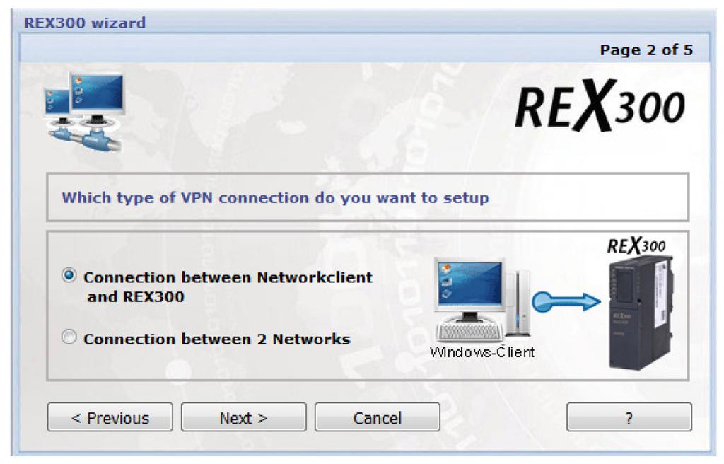 The client-router connection is selected on this page and confirmed with "Next >".