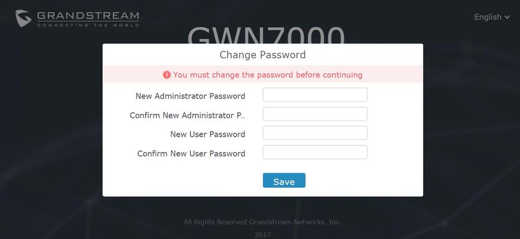 Figure 4: Change Password on first boot At first login, a Setup Wizard tool will pop up to help going through the configuration setup, or exit to configure manually.