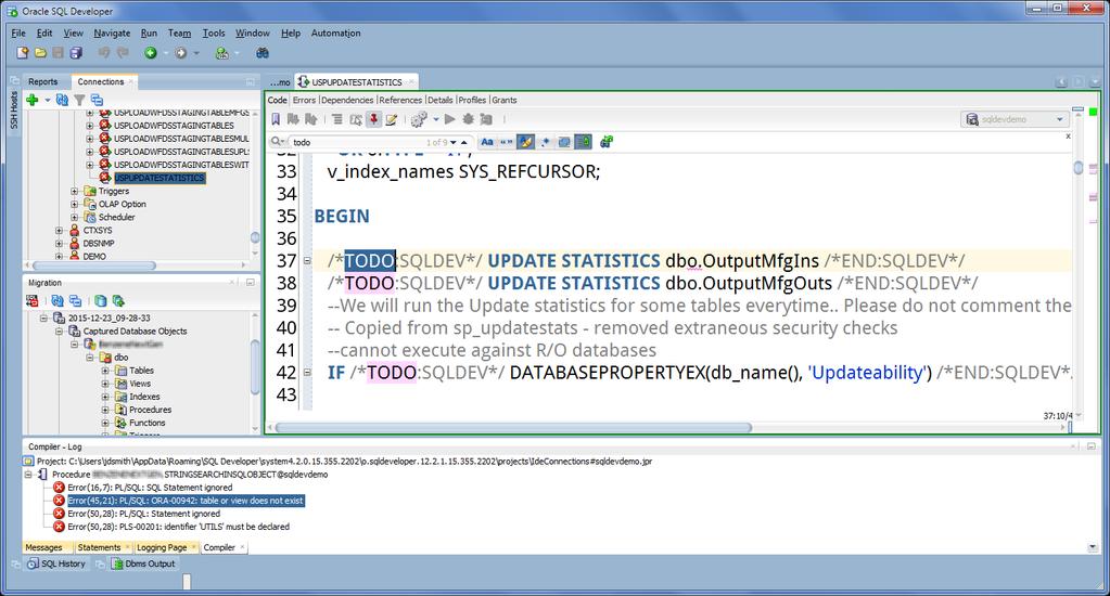 Figure 10: Procedure Editor showing compiler errors and code to be translated for the migrated T-SQL Function.
