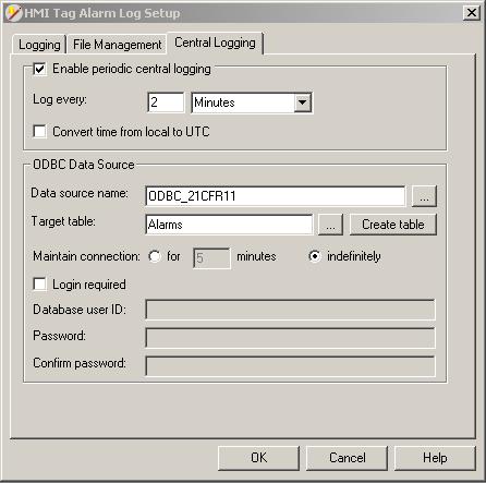 4. On the Central Logging tab, enable periodic central logging every two minutes or less. Configure the ODBC data source to point to a SQL Server, Oracle, or other database.