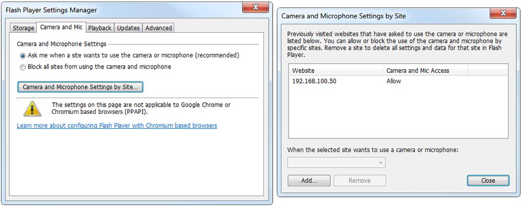 MediaCentral UX Desktop Installation Guide 2. Select the Camera and Mic tab and click the Camera and Microphone Settings by Site button. 3. Click the Add button at the bottom of the window. 4.