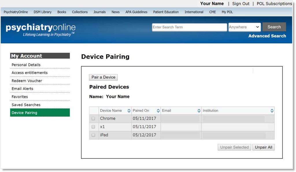 After successful pairing of a device, you have immediate access to your institution s subscriptions.