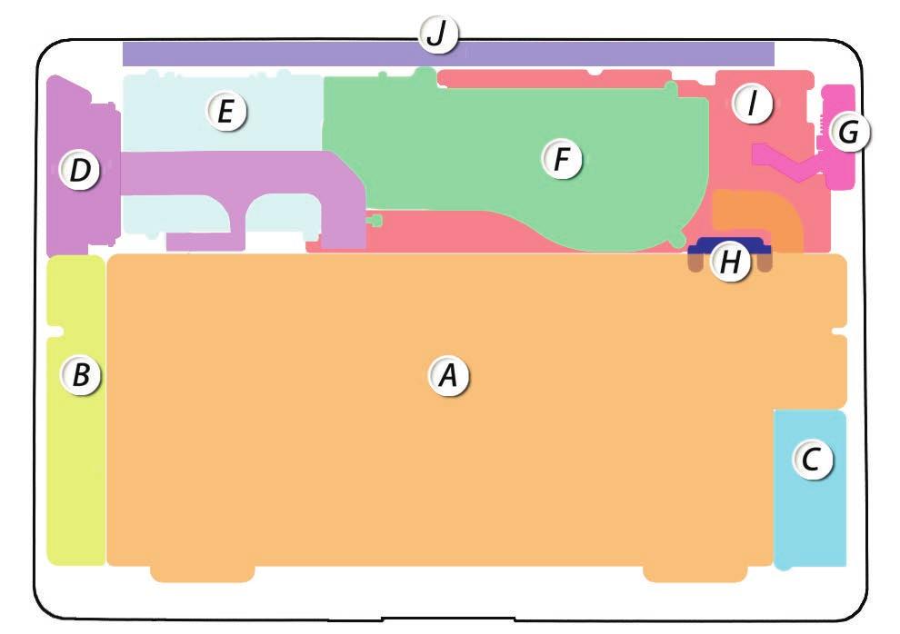 A map of the major modules in the MacBook Air (MacBook Air (original) shown) A Battery C AirPort/ Bluetooth card E Hard drive G
