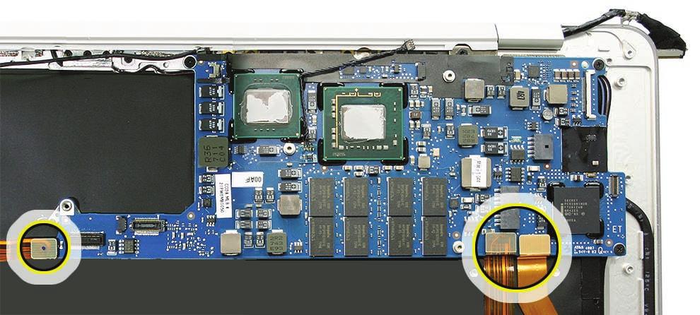 2. Install three identical Phillips screws in the order called out below. 3. Carefully connect the three flex cable connectors below to their mates on the logic board.