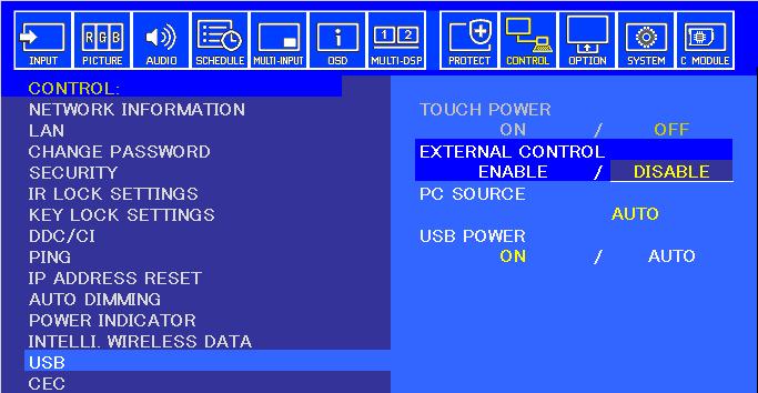 8.12 Control menu USB External Control Available options: Enable / Disable Enables or Disables monitor control via USB.