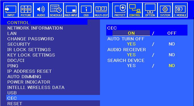 8.15 Control menu CEC CEC Available options: On / Off Enables and disables the CEC (Consumer Electronics Control) function between the display and the Compute Module, in order to control CEC enabled