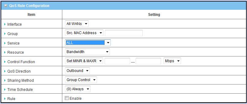 1. Interface: Select the WAN interface for the QoS rule. 2.