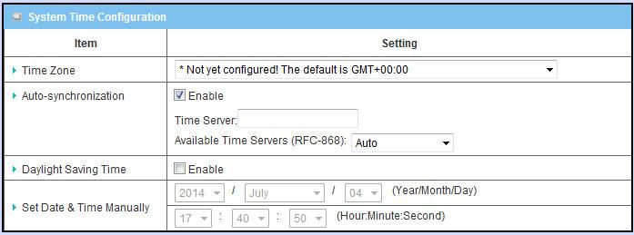 Besides, you can select a NTP time server to consult UTC time from the available list and by default, it is Auto to let system query pre-defined NTP servers for the system time one after one. 3.