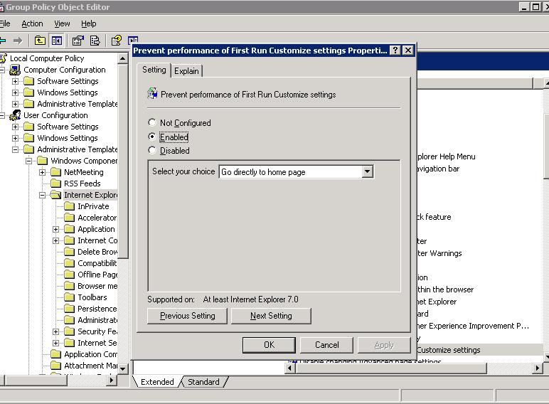 Go to the Group Policy Object Editor (GPO): Start Run type gpedit.msc. From Administrative Templates drill down to Windows Components Internet Explorer.