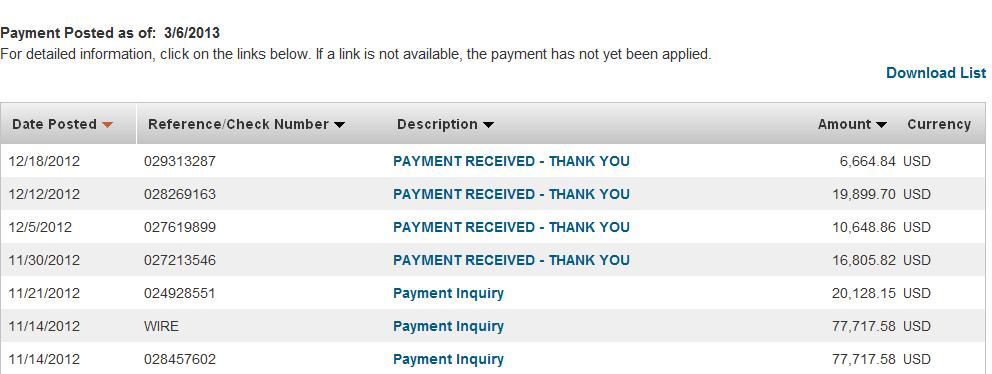 Back to main page Payment History Payment History Payments for the past 12 months can be displayed and are posted up to yesterday s date.