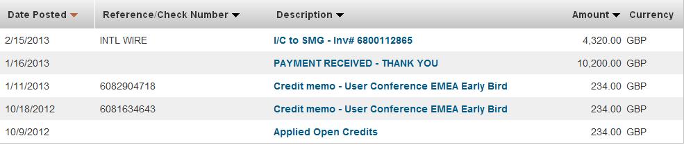 PAYMENT RECEIVED: Select hyperlinks to view details on how payments were applied (invoice numbers; amounts).