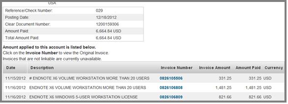 Select the invoice number to display the actual invoice. Payment Inquiry: is a manual description.
