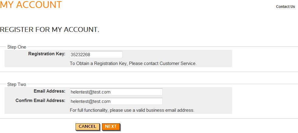 Customers who click the "Register for My Account" hyperlink will be directed to the registration page below.