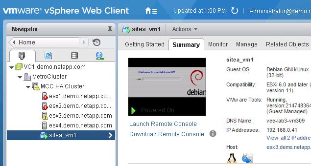25. Return to VMware vsphere Web Client, and note that the VM is now running from esx3. If it powered off, do not attempt to power it on.